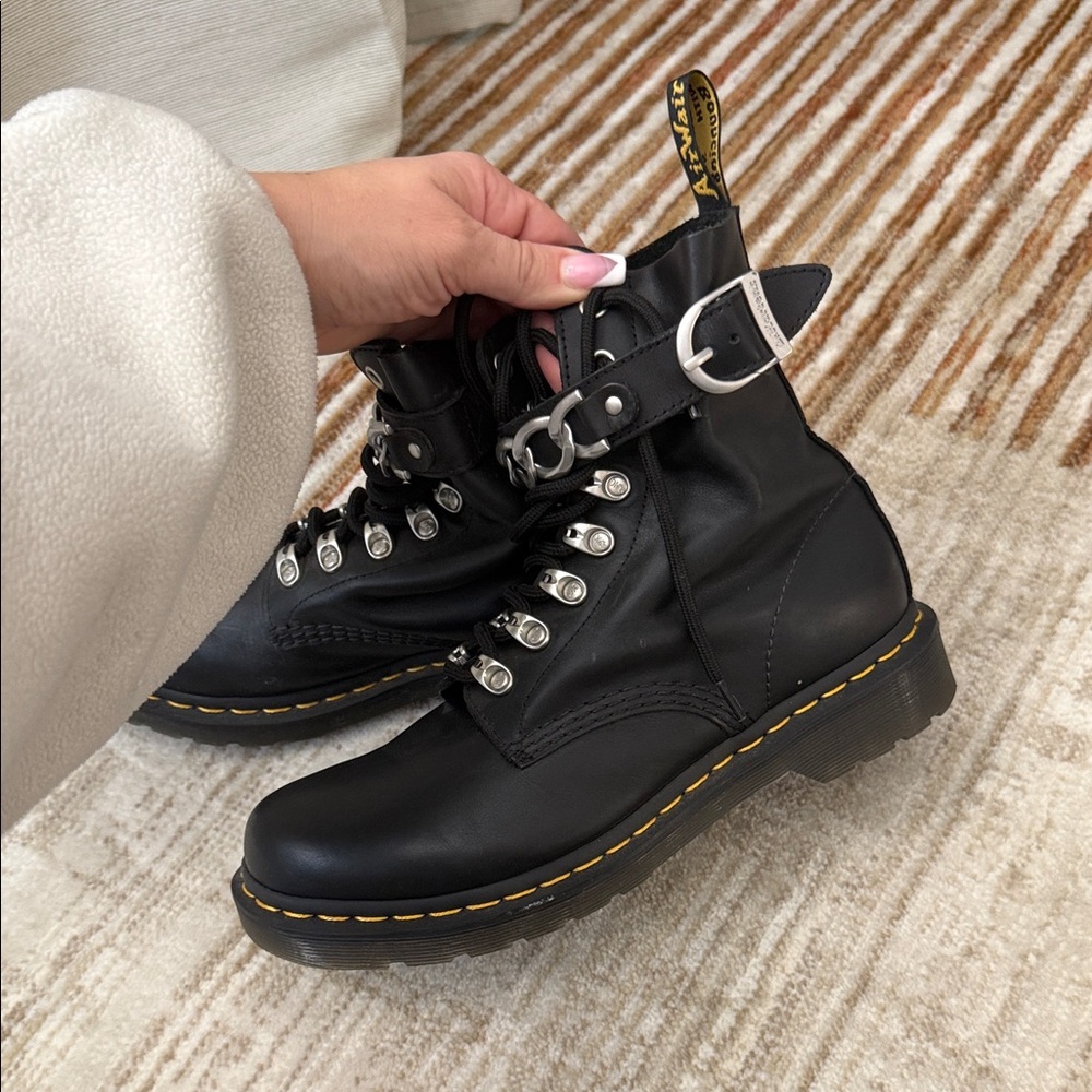Dr. Martens Black Leather Combat Boots with Silver Accents